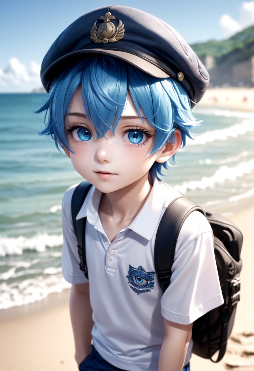 1boy, aoi, blue hair, hat, masterpiece, ultra detail, beach, blue eyes, cute shirt(masterpiece:1.2), best quality, high resolution, unity 8k wallpaper, (illustration:0.8), (beautiful detailed eyes:1.6), extremely detailed face, perfect lighting, extremely detailed CG, (perfect anatomy),