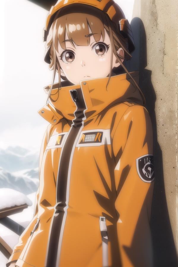 hinatamiyake, <lora:hinata miyake s1-lora-nochekaiser:1>,hinata miyake, short hair, brown hair, (brown eyes:1.5),BREAK jacket, helmet, orange jacket, orange helmet,BREAK outdoors, snow, ice, snowflake,BREAK looking at viewer,BREAK <lyco:GoodHands-beta2:1>, (masterpiece:1.2), best quality, high resolution, unity 8k wallpaper, (illustration:0.8), (beautiful detailed eyes:1.6), extremely detailed face, perfect lighting, extremely detailed CG, (perfect hands, perfect anatomy),