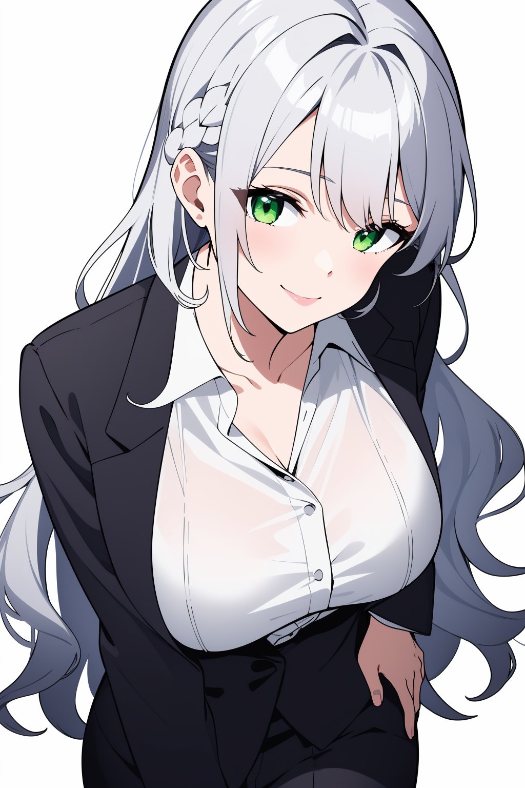 1girl, solo, long hair, wavy hair, silver hair, green eyes, large breasts, white shirt, collared shirt, seductive smile, braid, suit, white background, masterpiece, best quality,