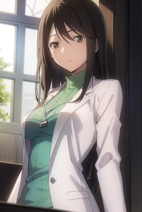 namieyagiri, <lora:namie yagiri s1-lora-nochekaiser:1>,namie yagiri, long hair, black hair, (brown eyes:1.3),BREAK sweater, turtleneck, labcoat, green sweater,BREAK indoors, office,BREAK looking at viewer, (cowboy shot:1.5),BREAK <lyco:GoodHands-beta2:1>, (masterpiece:1.2), best quality, high resolution, unity 8k wallpaper, (illustration:0.8), (beautiful detailed eyes:1.6), extremely detailed face, perfect lighting, extremely detailed CG, (perfect hands, perfect anatomy),