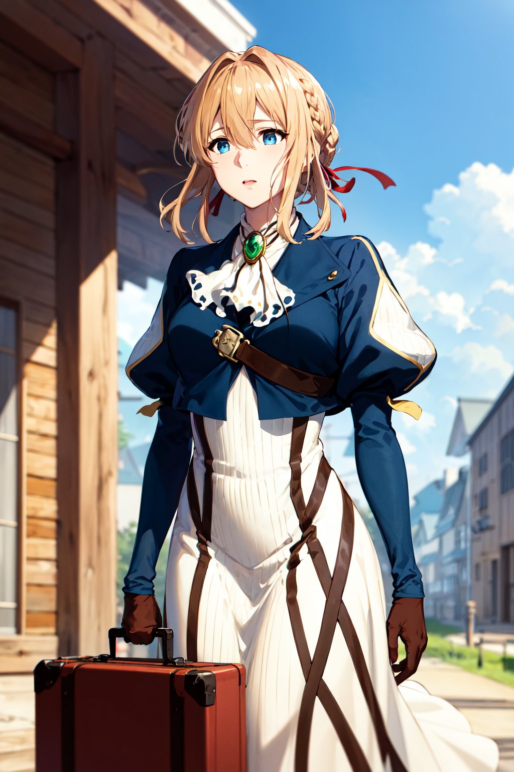 masterpiece, best quality, highres, violet evergarden, braid, hair ribbon, red ribbon, jewelry, white ascot, brooch, blue jacket, long sleeves, brown gloves, white dress, long dress, <lora:violet_evergarden_v1:0.7>, standing, cowboy shot, outdoors, holding suitcase, suitcase