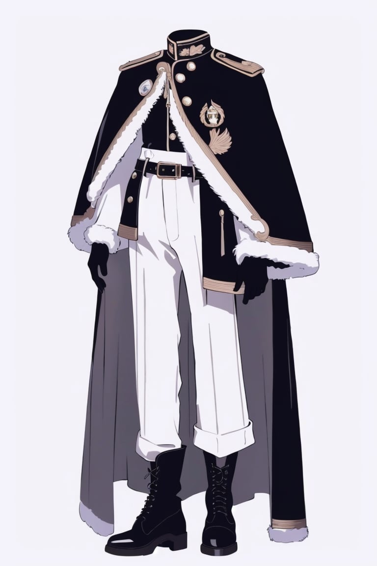 ClothingDesign, solo, gloves, boots, male focus, uniform, white gloves, simple background, cape, black footwear, military, full body, white background, pants, long sleeves, belt, aiguillette, black pants, military uniform, standing, walking, knee boots, jacket, black jacket, <lora:20240601-1717209436687:0.8>