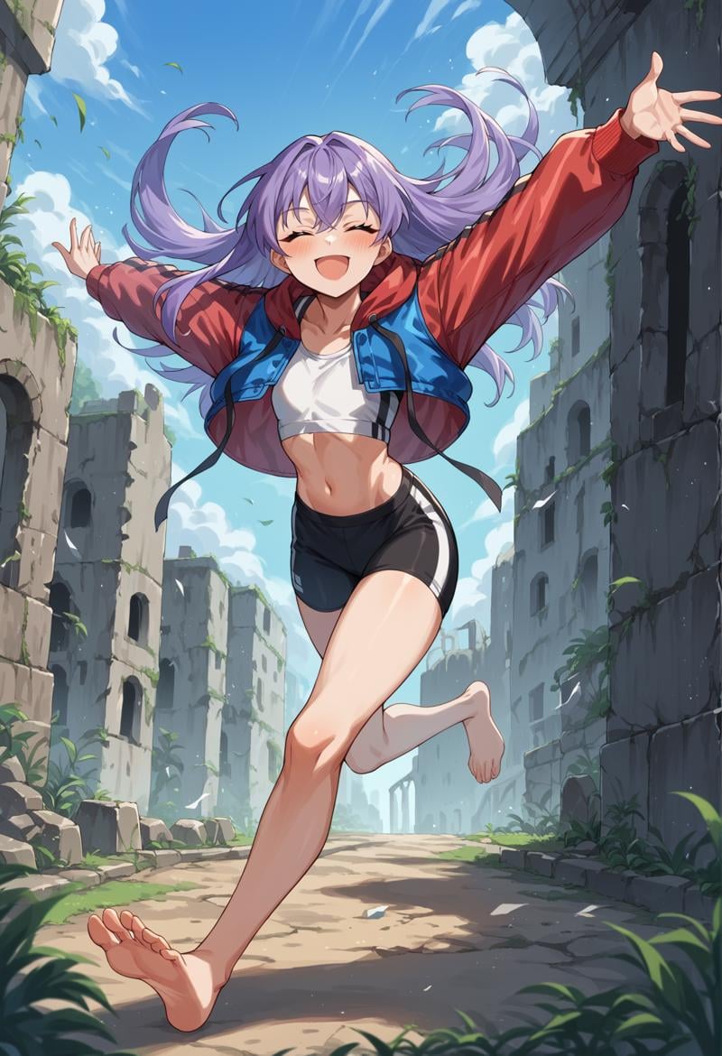 1girl, long hair, purple hair, blue eyes, flat chest, ribbon, multicolored jacket, red jacket, blue jacket, cropped jacket, sports bra, long sleeves, leggins, outdoors, ruins,  barefoot, smile, closed eyes, open mouth, reaching towards viewer, blushing  <lora:Meltryllis_XL:0.8> close-up, score_9, score_8_up, score_7_up, score_6_up, score_5_up, score_4_up, BREAK source_anime, masterpiece