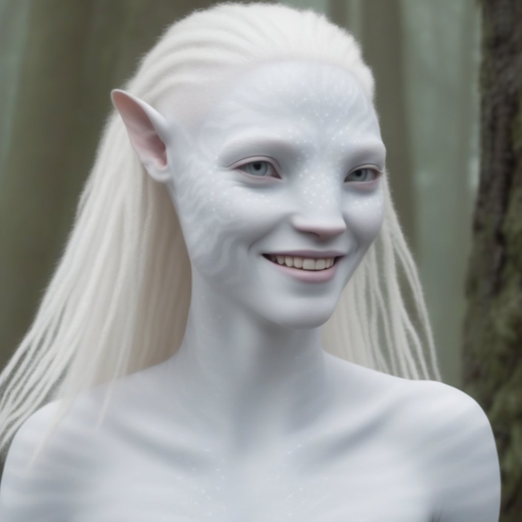 Beautiful albino na’vi, long white hair, white skin, freckles, smiling, forest, lots of details, movie still, 4k quality