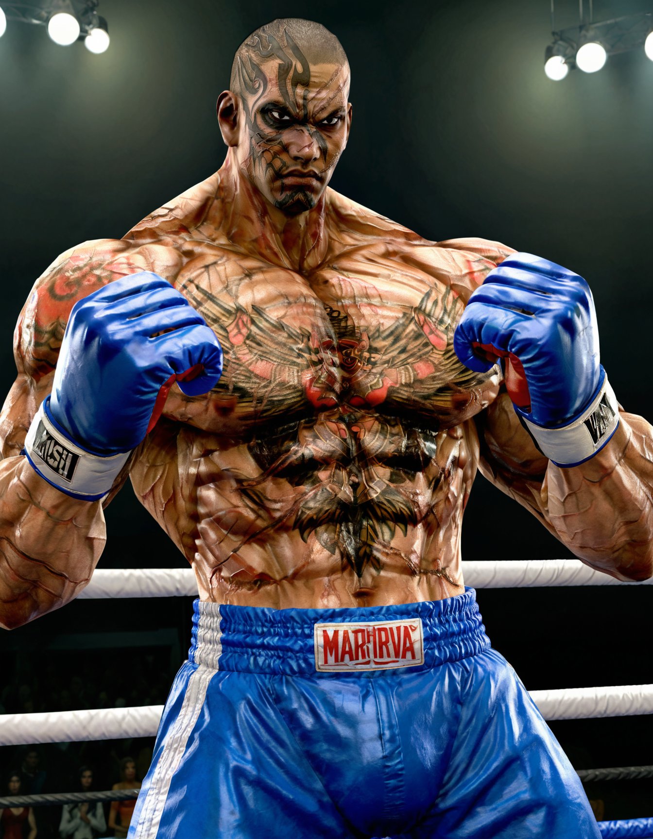 anatomically correct, solo, fahkumramsd, scar, tattoo, very dark skin, dark-skinned male, muscular, bodybuilder, huge pectorals, huge biceps, shiny skin, |  zPDXLxxx, blue boxing gloves, boxing pants, muay thai, fighting stance<lora:Fahkumram-T5kagALM:1>