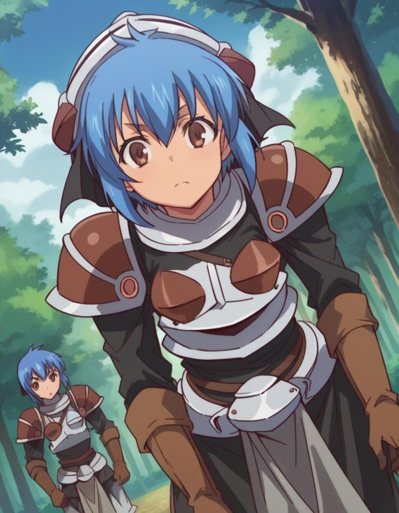 score_9, score_8_up, score_7_up, source_anime,menadshisei, <lora:menad-shisei-ponyxl-lora-nochekaiser:1>menad shisei, short hair, brown eyes, blue hair,gloves, armor, shoulder armor, brown gloves, pauldrons, breastplate,outdoors, forest, bent over,looking at viewer, dutch angle, cowboy shot