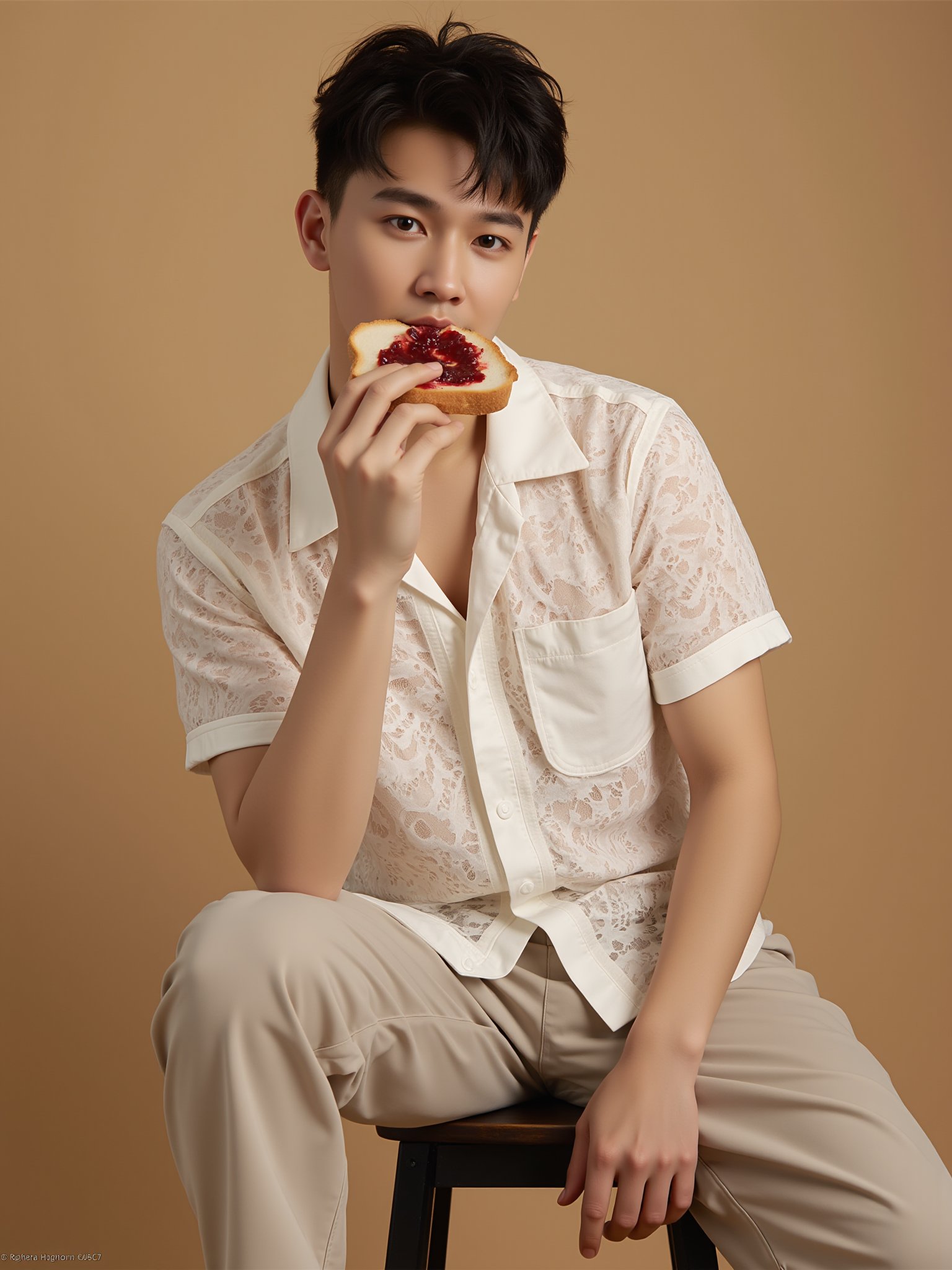 tianhai boy, photograph, young man with short dark hair, wearing a white lace shirt, sitting on a stool, eating a slice of bread with jelly spread, neutral background, relaxed pose, casual and contemplative expression, soft lighting, warm tones.<lora:光影人像v2.0:0.8>