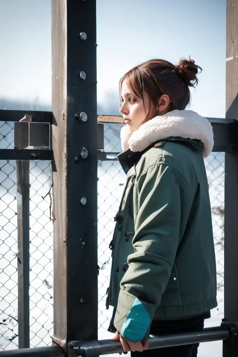 zPDXLrl, from side, artistic photography of a woman wearing winter clothes, leaning against an iron (fence:1.3) looking through, (foreground), color grading (zPDXL)