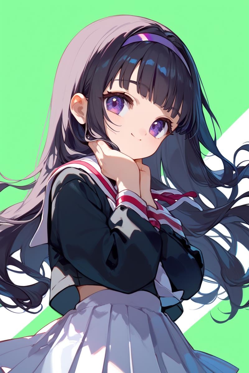 score_9, score_8_up, score_7_up, source_anime,simple background,cowboy shot,light smile, holding chin, looking at viewer, naruhodo, arms crossed,<lora:tomoyo_autismConfetti_v01:1>black hair, blunt bangs, long hair, purple eyes,  hairband,tomoeda elementary school uniform,  black shirt, sailor collar, school uniform,  white sailor collar, long sleeves, white pleated skirt,, zPDXL