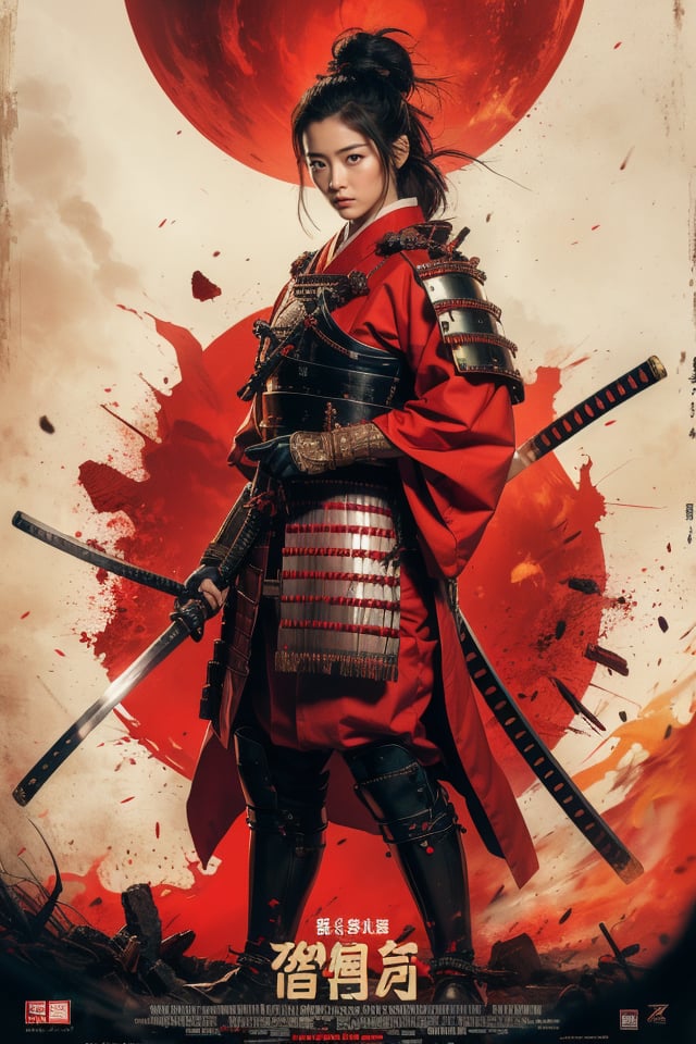 Akira Kurosawa's cinematic style poster,A 28-year-old girl,full body shoot,embodying the spirit of a Samurai from the Warring States Period in Japan. Brightly colored,with a backdrop of war,She wears traditional samurai armor adorned with intricate details,holding a katana with determination,The falling smoke of gunpowder,symbolizing the beauty amidst conflict,Detailed,historical,and with a touch of elegance,cinematic,detailed,style dominated by red,minimalist composition shimmer,edge ligh,best quality,masterpiece,an extremely delicate and beautiful,CG,unity,8k wallpaper,Amazing,finely detail,masterpiece,official art,extremely detailed CG unity 8k wallpaper,incredibly absurdres,huge filesize,ultra-detailed,highres,extremely detailed,<lora:Samurai_20240302050726:0.8>,