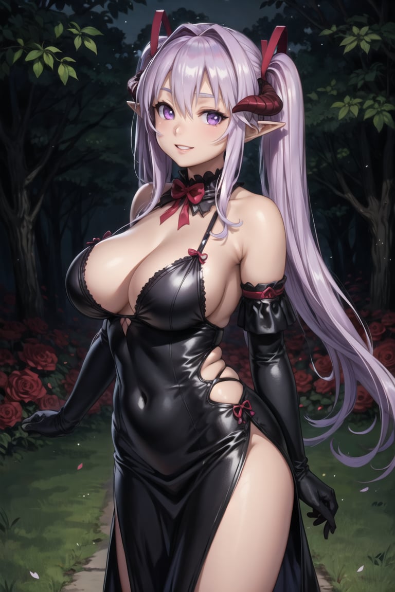 (best quality, masterpiece:1.3), (detailed background:1.3), (photorealistic art, horror art:1.3),looking at viewer, 1girl, (solo:1.0), seductive, smile, parted lips,  cowboy shot, standing, night, woods, outdoors, rose garden,hm_hotengeki, purple hair, hair intakes, hair between eyes, twintails, long hair, purple eyes, demon horns, demon girl, pointy ears, large breasts,long dress, mantle, elbow gloves, <lora:hm_hotengeki-10:0.6:lbw=ALL>