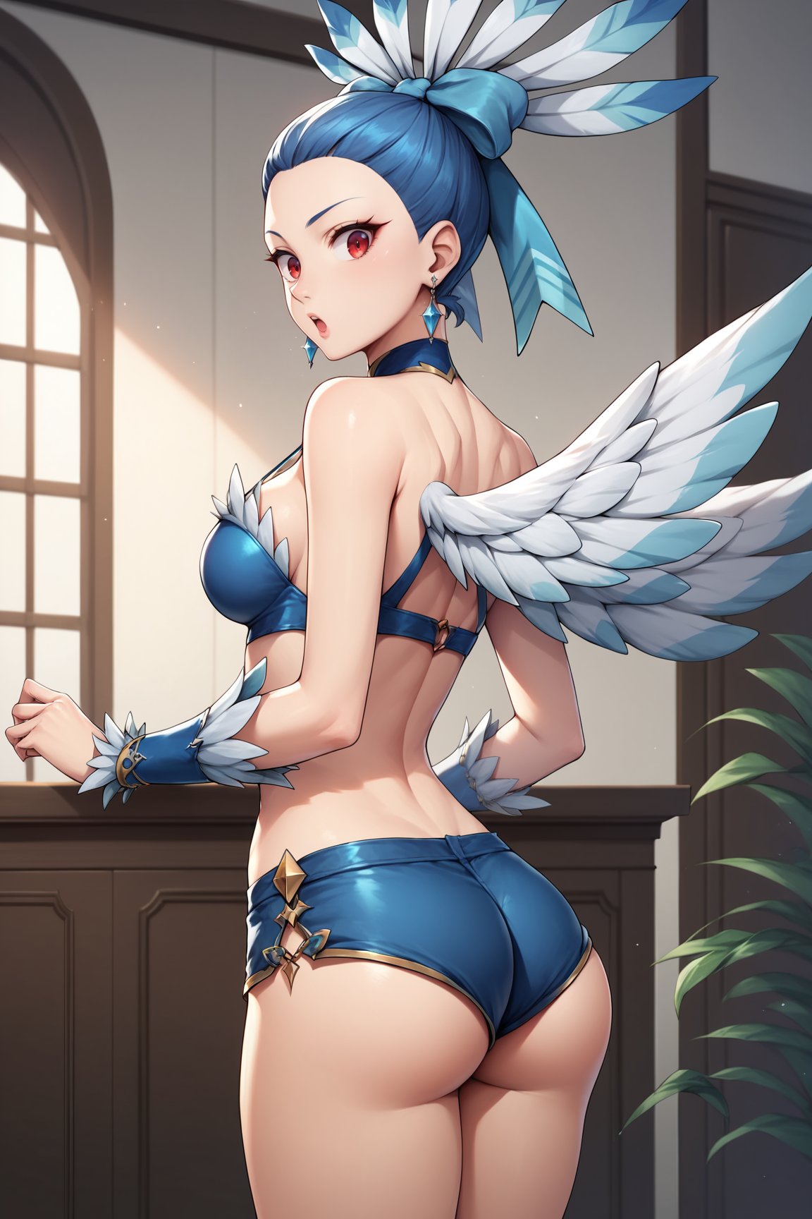 score_9, score_8_up, score_7_up, score_6_up, score_5_up, score_4_up, CluchHHXL, red eyes, blue hair, forehead, hair bow, blue bow, feathers, earrings, blue chocker, medium breasts, with wings, two wings, cleavage, blue bikini top, bare shoulders, navel, blue bridal guantlets, blue shorts, short shorts, solo, standing, from behind, ass focus, big ass, ass, surprised, looking at viewer, indoors <lora:CluchHHXL:0.9>