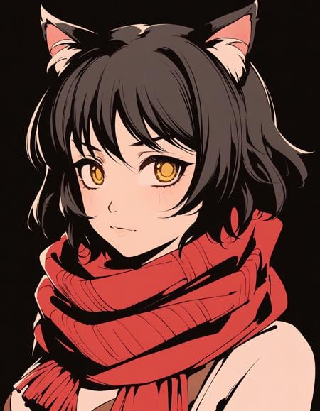 animal_ears black_background black_hair cat_ears dungeon_meshi izutsumi looking_at_viewer moshimoshibe red_background scarf short_hair wavy_hair yellow_eyes, Vibrant Contrast Style, <lora:6828e54a-9e8c-4e54-8d9a-a6a19c4a453a:0.7>