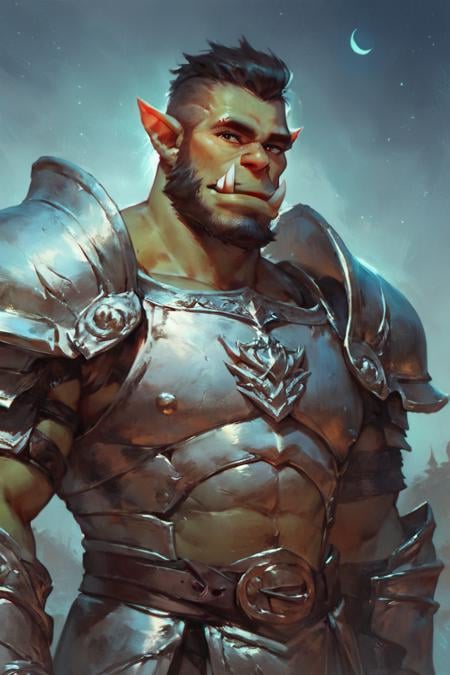 score_9, score_8_up, score_7_up, solo, male focus, mature male, orc, green skin, tusks, beard, outdoors, armor, looking at viewer, shoulder armor, breastplate, upper body, closed mouth, pauldrons, night, night sky, standing <lora:Concept Art Style SDXL_LoRA_Pony Diffusion V6 XL:1>