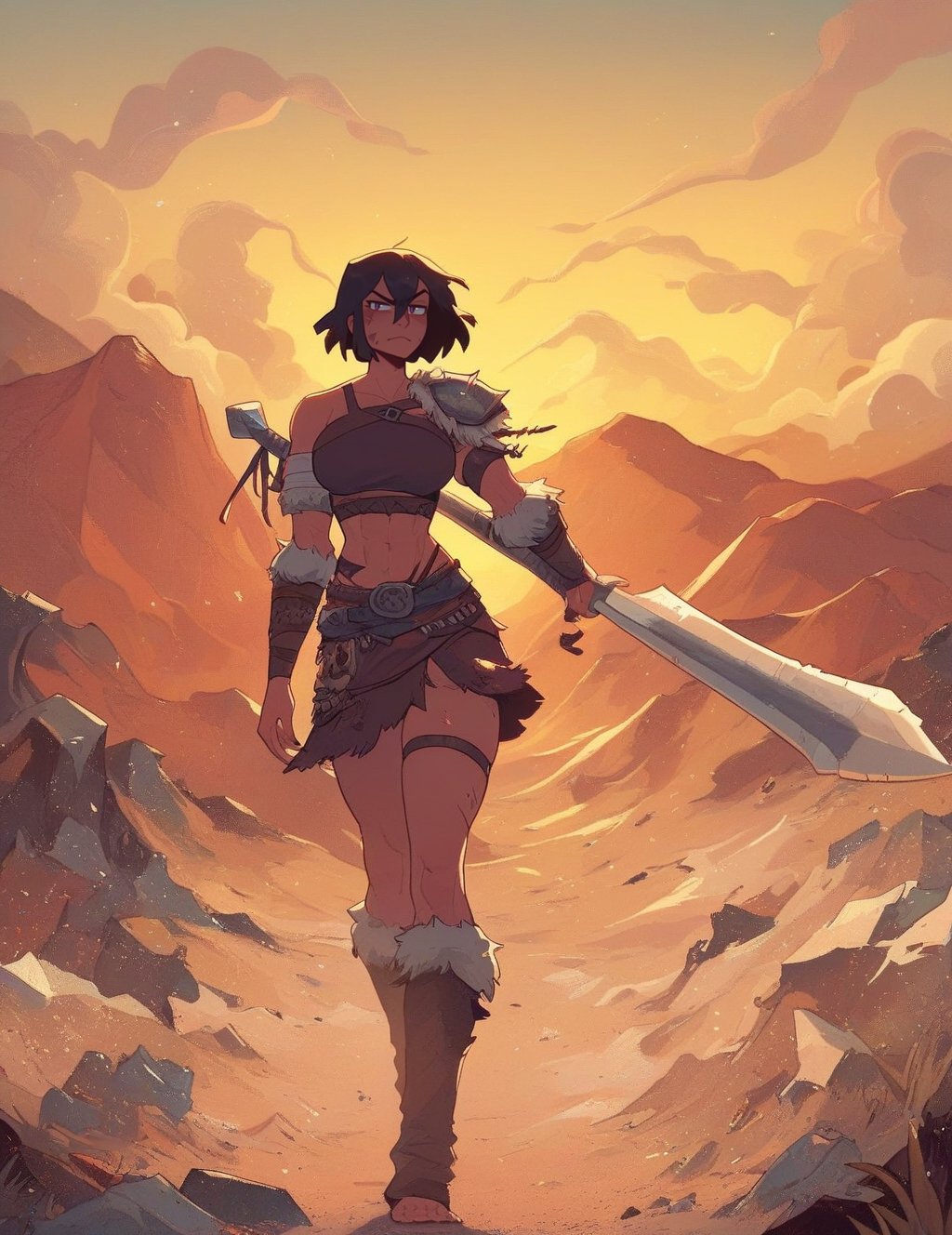 barbarian warrior woman in the desert, massive [sword|axe], sometimes she's cutescore_8_up  <lora:last-000005:1>