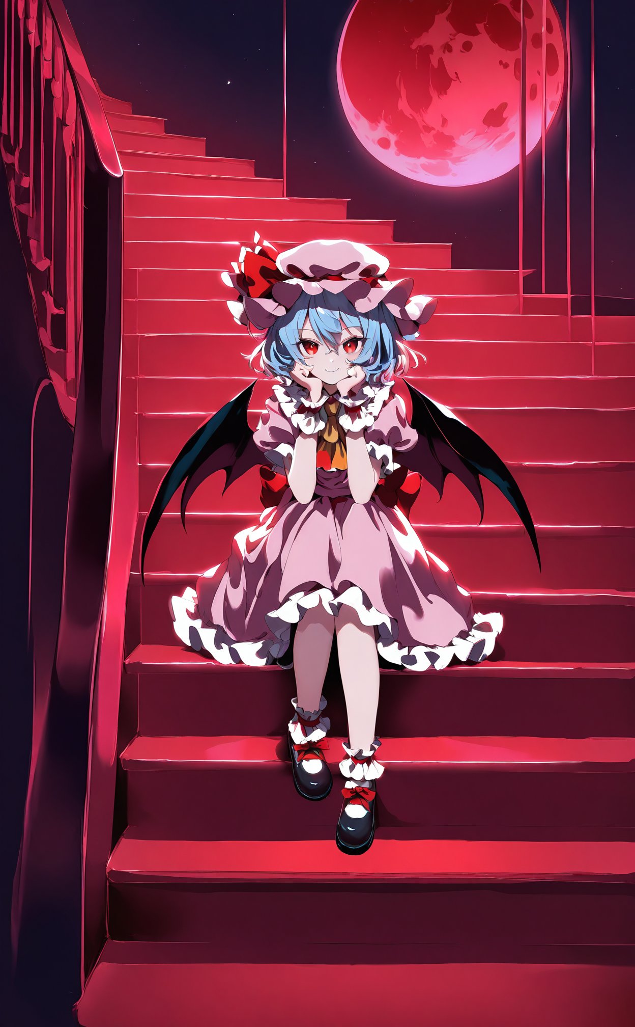 masterpiece,best quality,high quality,(colorful),loli,1girl,solo,looking at viewer,smile,short hair,bangs,skirt,shirt,red eyes,hat,dress,ribbon,hair between eyes,sitting,closed mouth,blue hair,full body,short sleeves,frills,wings,socks,puffy sleeves,red ribbon,puffy short sleeves,wrist cuffs,ascot,moon,mob cap,hat ribbon,bat wings,pink dress,pink skirt,head rest,stairs,pink headwear,red moon,remilia scarlet,