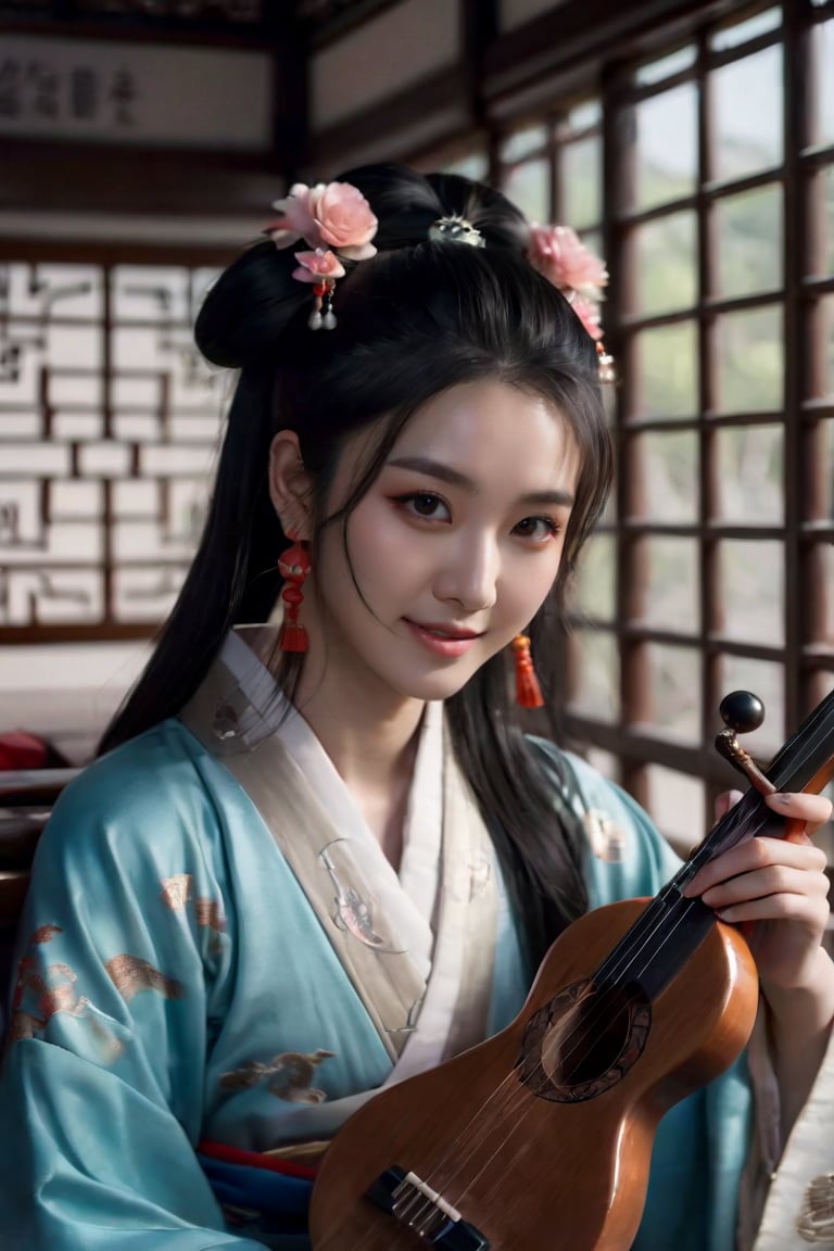 1girl,blush,eyelash,(half updo:0.1),messy hair,make up,powder blusher,beautifully detailed big round dark brown eyes,double eyelid,supermodel,detailed shiny pale skin,smile,looking at viewer, large breasts, hanfu,chinese clothes,long sleeves,black hair,hair ornament,chinese painting mural,sitting,low wooden table,ancient china,pipa,playing pipa,pipa \(instrument\), lute,masterpiece,best quality,high quality,highres,natural light,ray tracing,volumetric light,realistic,photorealistic,ultra highres,