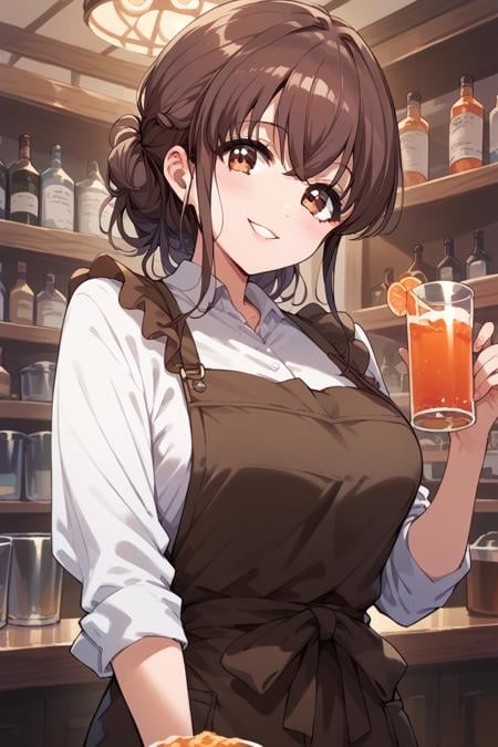 score_9, score_8_up, score_7_up, score_6_up, 1girl, <lora:Amano_Airi:0.9> amano, solo, brown hair, shirt, looking at viewer, white shirt, brown eyes, pants, apron, smile, brown apron, bartender,