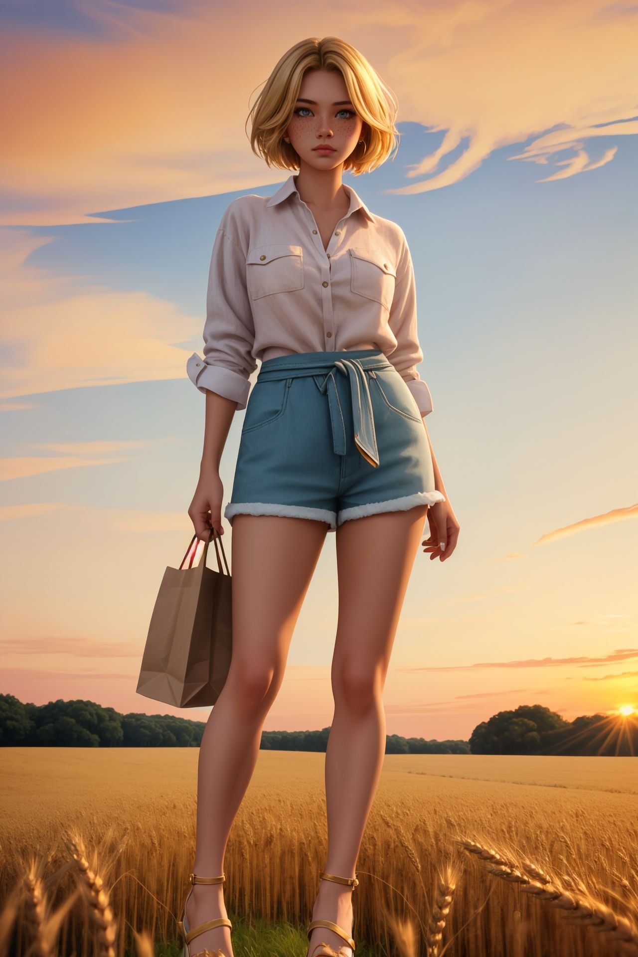 1 girl, solo, beautiful, female, adult woman, freckles, coral eyes, natural blonde razor cut hair,Oversized linen shirt, paperbag waist shorts, chunky sandalsA golden wheat field at sunsetbeautiful, detailed, best quality, high resolution, masterpiece, 8k