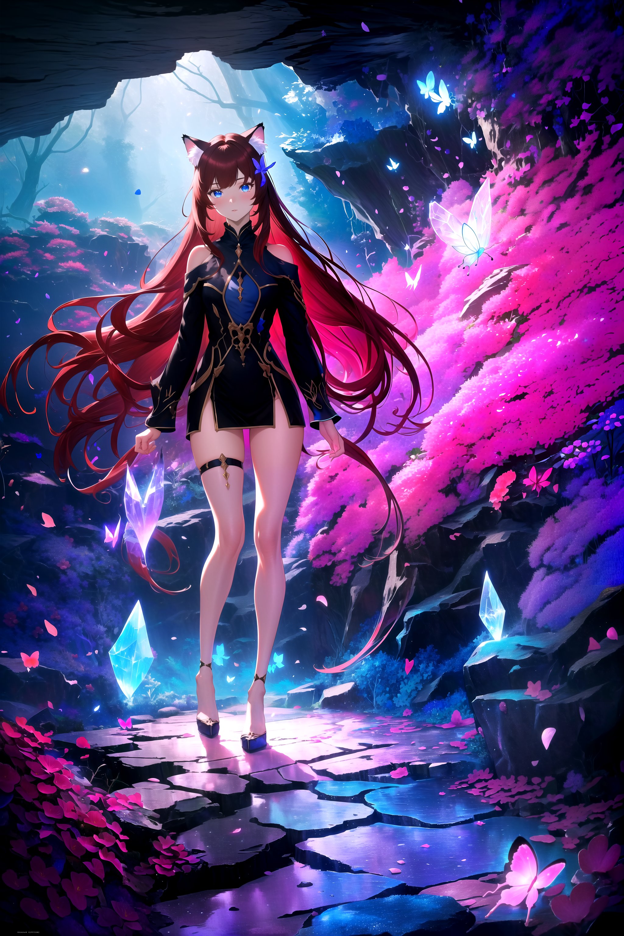 masterpiece, best quality, highres, 1girl, solo, abstract, full body,BREAKdark background, depth of field, rim lighting, flowers, petals,crystals, cave, butterfly, vegetation, aura, magic,BREAKraifu, dark red hair, blue eyes, straight hair, cat ears, blush,(medium breasts:0.8), mature female, white sweater,