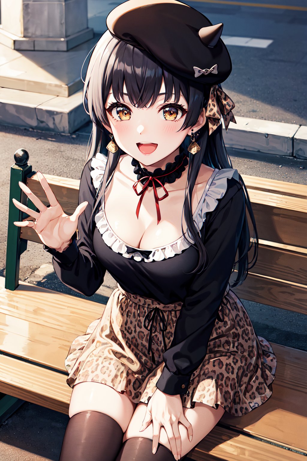 masterpiece, best quality, highres, ddfuyuko, long hair, braid, beret, black headwear, fake horns, earrings, frilled choker, red ribbon, cleavage, black shirt, long sleeves, brown skirt, print skirt, leopard print, black thighhighs, <lora:mayuzumi_fuyuko_v1:0.7>, waving, sitting, street, bench, smile, open mouth, 