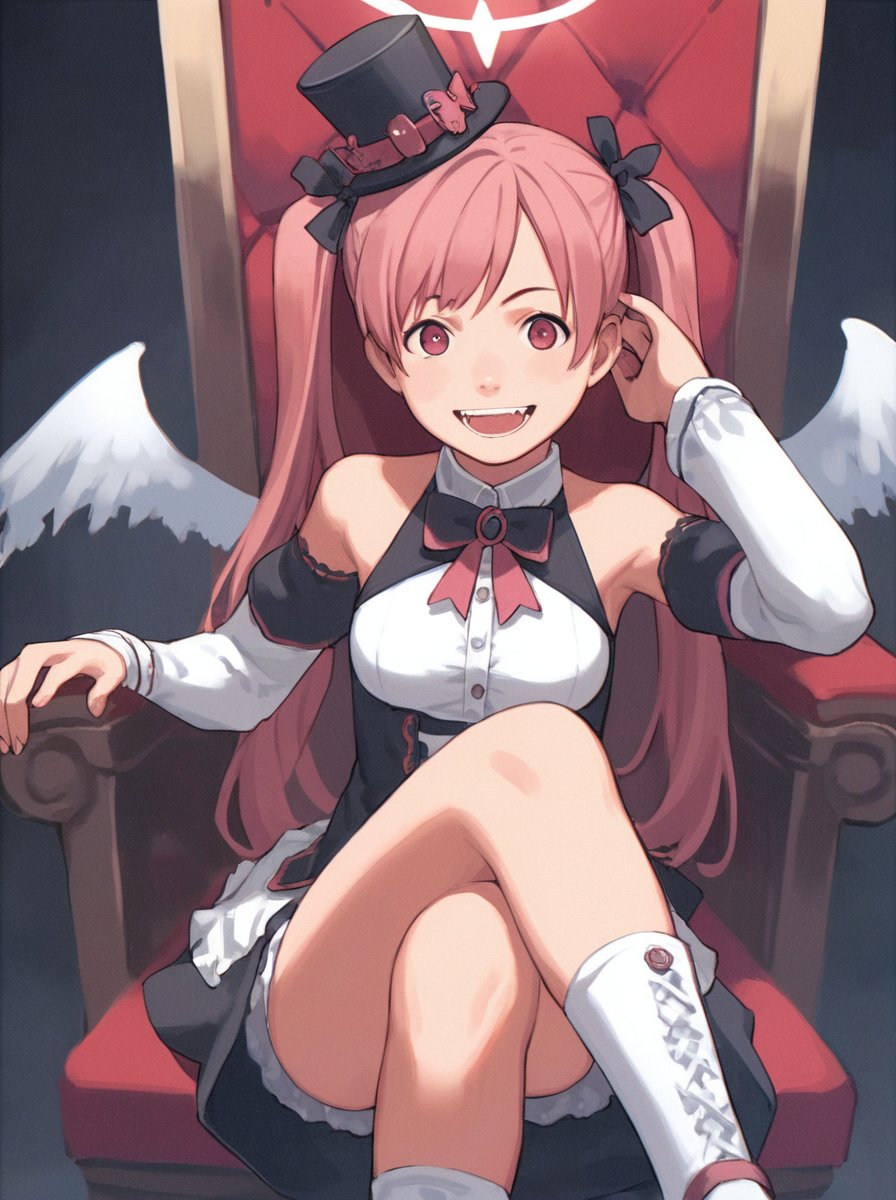 score_9_up,score_8_up,score_7_up, <lora:comiclo-xl-pony:0.7>,1girl, solo, twintails, long hair, halo, pink hair, crossed legs, sitting, throne, hat, smile, open mouth, looking at viewer, mini hat, breasts, detached sleeves, pink eyes, medium breasts, top hat, red hair, chair, mini top hat, bare shoulders, red eyes, wings, :d