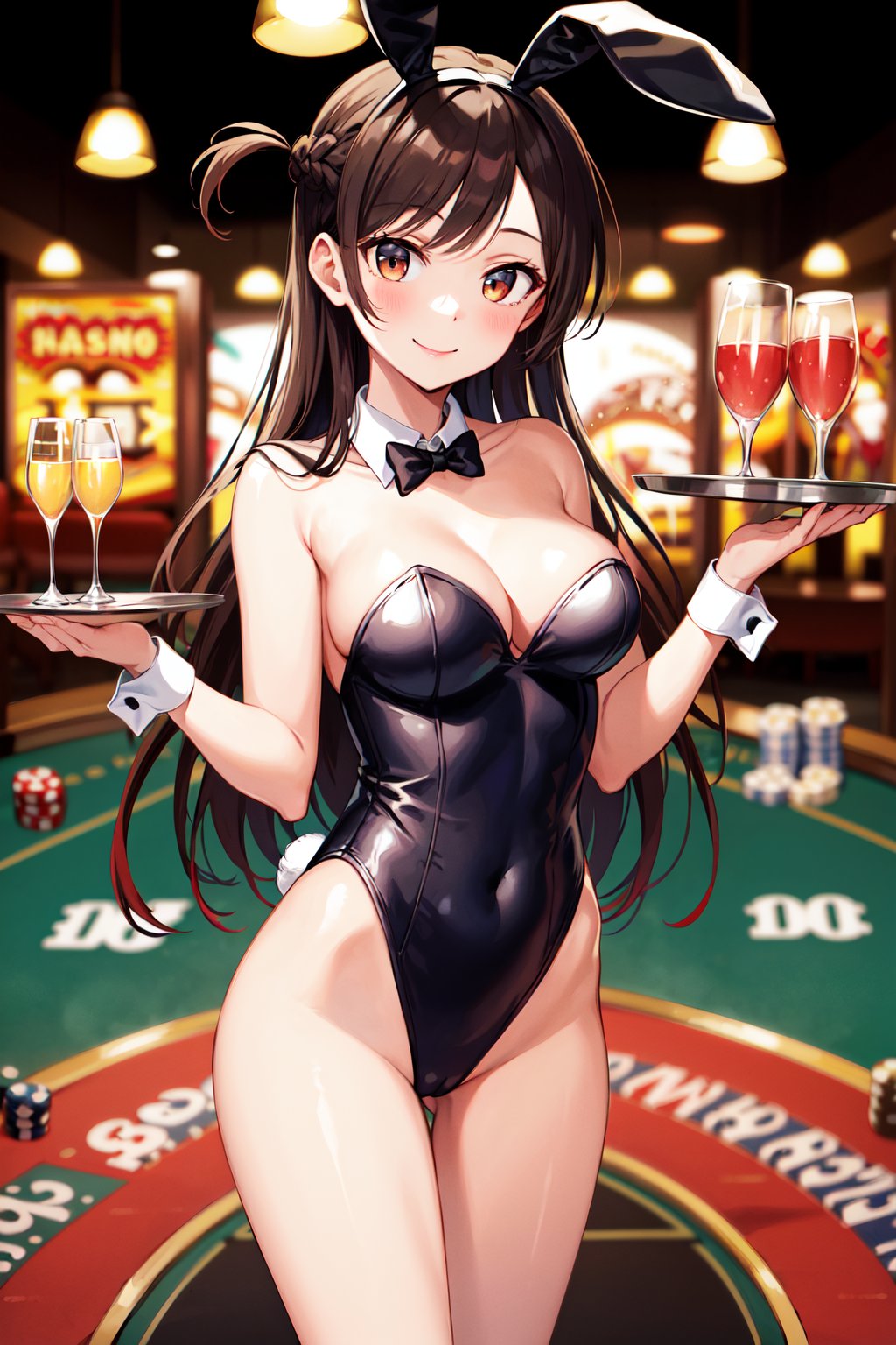 masterpiece, best quality, highres, aachizuru, long hair, one side up,  <lora:mizuhara_chizuru_v2:0.7>, playboy bunny, rabbit ears casino, strapless, leotard, holding tray, smile,