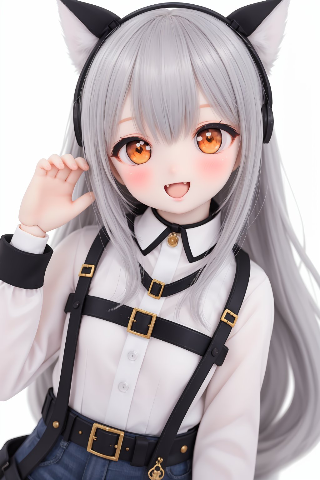 1girl, solo, open mouth, long hair, looking at viewer, smile, bangs, fangs, virtual youtuber, white shirt, blush, shirt, grey hair, :d, belt, blurry, hand up, long sleeves, orange eyes, doll, BJD, dtghdg254793, stfhgd796we2, adsderl931sq, cute