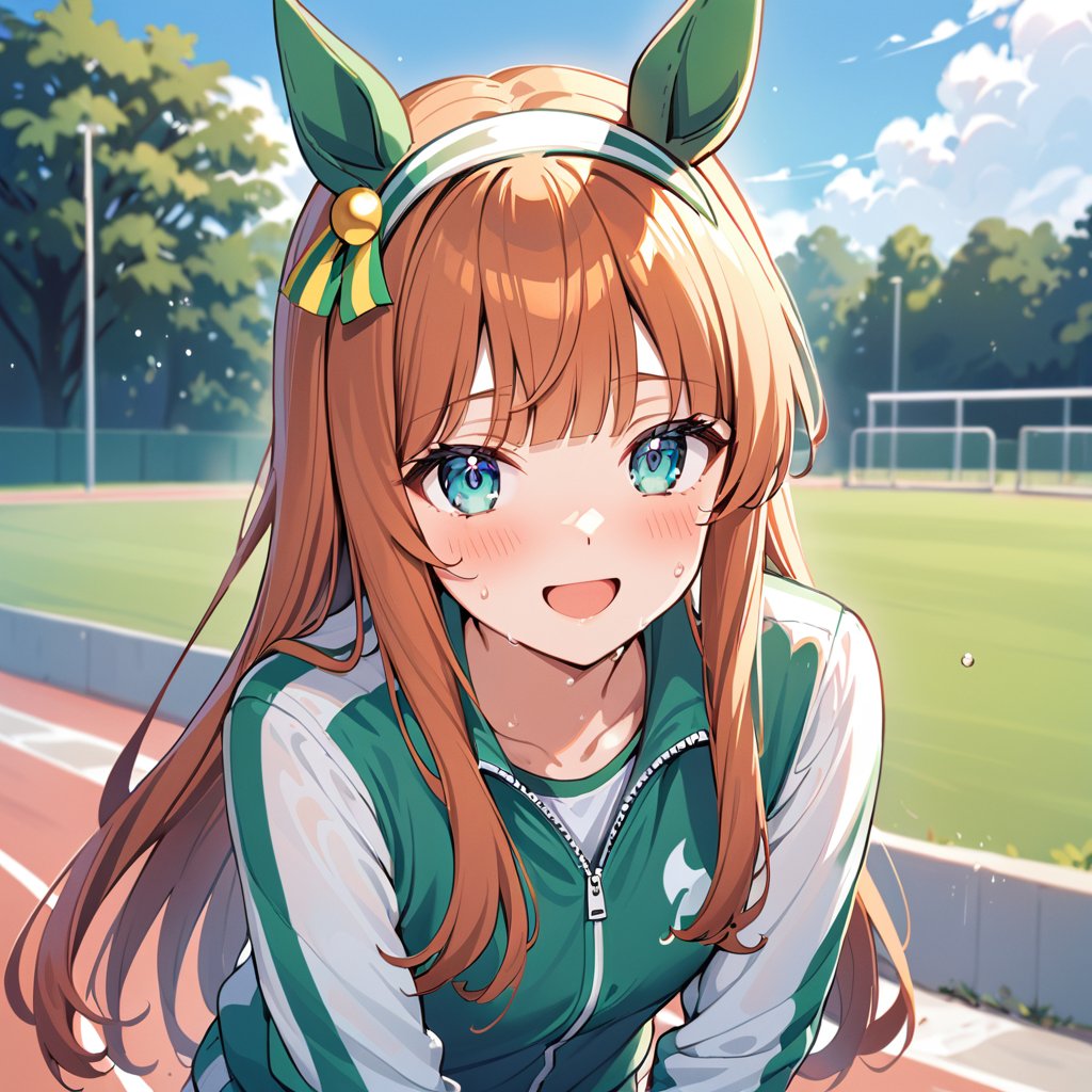 1girl, animal ears, horse ears, silence suzuka, (umamusume), solo, horse girl, long hair, jacket, sweat, track jacket, outdoors, looking at viewer, orange hair, open mouth, horse tail, towel, hairband, blush, tail, smile, bangs, brown hair, green eyes, hair ornament, sky, blue eyes, day, long sleeves