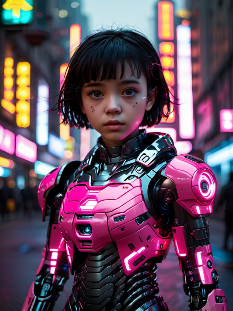 banlanz,1girl,short hair,black hair,realistic,blurry background,solo focus,brown eyes,cyberpunk,looking at viewer,outdoors,neon lights,black eyes,cyborg,cowboy shot,closed mouth,standing,<lora:banlanz-1.5:1>,