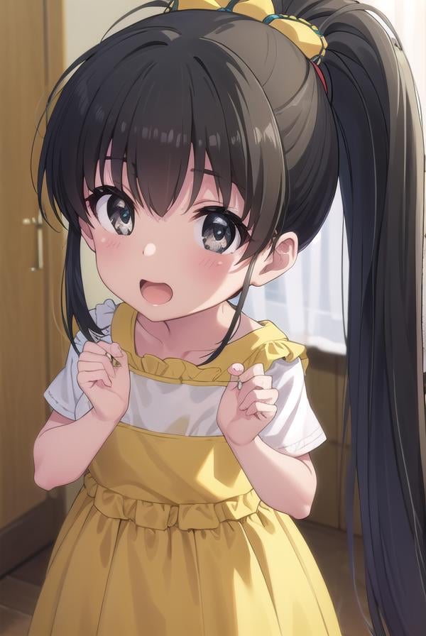 hinatakanashi, <lora:hina takanashi s1-lora-nochekaiser:1>,hina takanashi, long hair, black hair, (black eyes:1.3), ponytail, antenna hair, child, smile, open mouth,BREAK dress, yellow dress, short sleeves,BREAK indoors,BREAK looking at viewer, (cowboy shot:1.5),BREAK <lyco:GoodHands-beta2:1>, (masterpiece:1.2), best quality, high resolution, unity 8k wallpaper, (illustration:0.8), (beautiful detailed eyes:1.6), extremely detailed face, perfect lighting, extremely detailed CG, (perfect hands, perfect anatomy), 