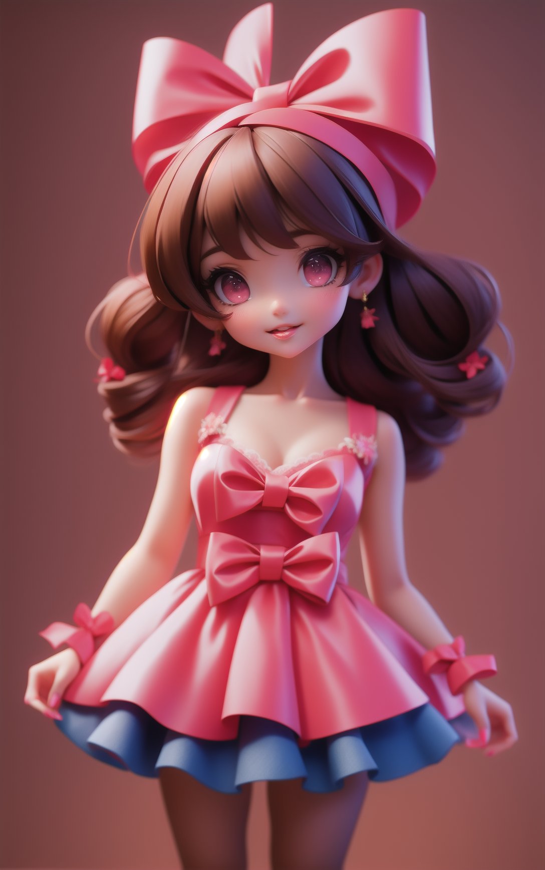 Yuya Mikami,a woman with a red bow on her head posing for a picture in a blue dress with red bows,1girl,bow,solo,breasts,cleavage,hair bow,nail polish,pink bow,lips,brown hair,red bow,looking at viewer,photo \(medium\),pink nails,brown eyes,realistic,long hair,fingernails,upper body,