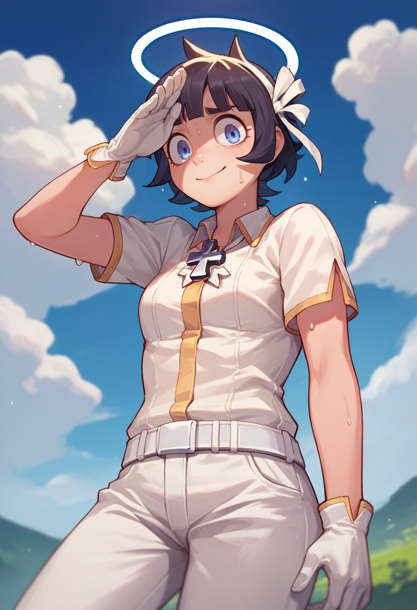 score_9, score_8_up, score_7_up, source_anime, solo, 1girl, htazazel, sweat, nervous, slight smile, looking at viewer, salute, hair ribbon, halo, white shirt, short sleeves, white gloves, white pants, white belt, cross necklace, outdoors, blue sky, cloud <lora:helltaker_azazel_ponyXL:1>