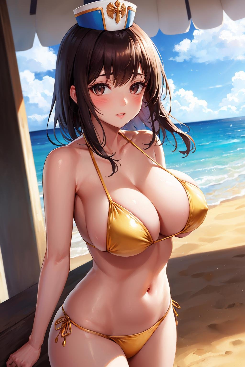 masterpiece, best quality, <lora:dnfcrusader-nvwls-v1-000010:0.7> dnfCrusader, hat, large breasts, shiny skin, collarbone, gold bikini, cowboy shot, beach, looking at viewer, blush