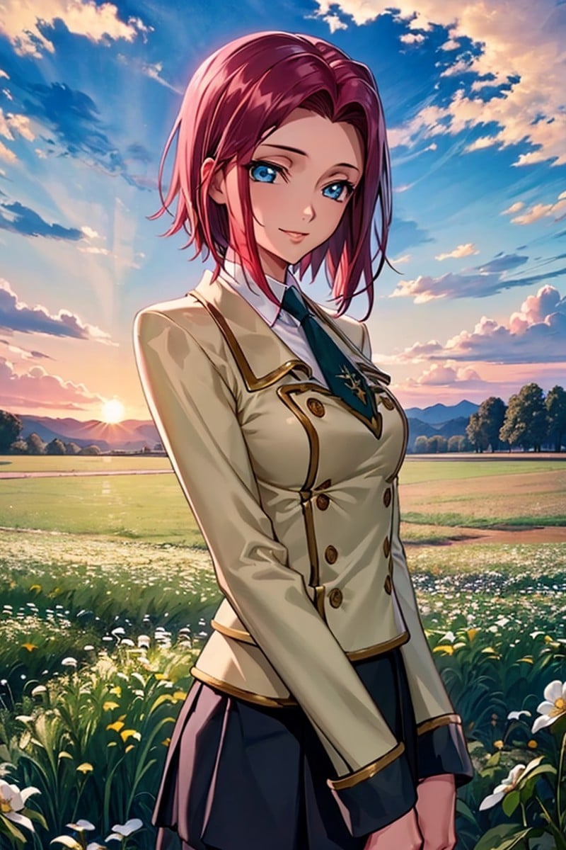 (best quality, masterpiece:1.3),kallencodegeass,(schooluniform:1.3), extremely detailed,solo,1girl,(colorful),(finely detailed beautiful eyes and detailed face),blue eyes,red hair,cinematic lighting,extremely detailed CG unity 8k wallpaper,solo,smile,(Flowery meadow) sky, cloudy_sky, sunlight, sun,(cowboy shot:1.3)