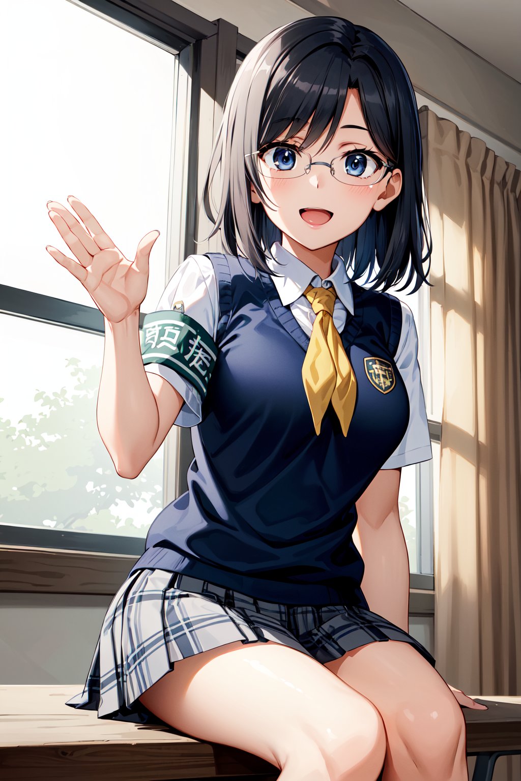 masterpiece, best quality, highres, aamii, short hair, black hair, blue eyes, glasses, school uniform, yellow neckerchief, collared shirt, sweater vest, (blue vest:1.2), short sleeves, armband, plaid skirt, grey skirt, <lora:konori_mii_v1:0.7>, indoors, sitting, smile, open mouth, waving