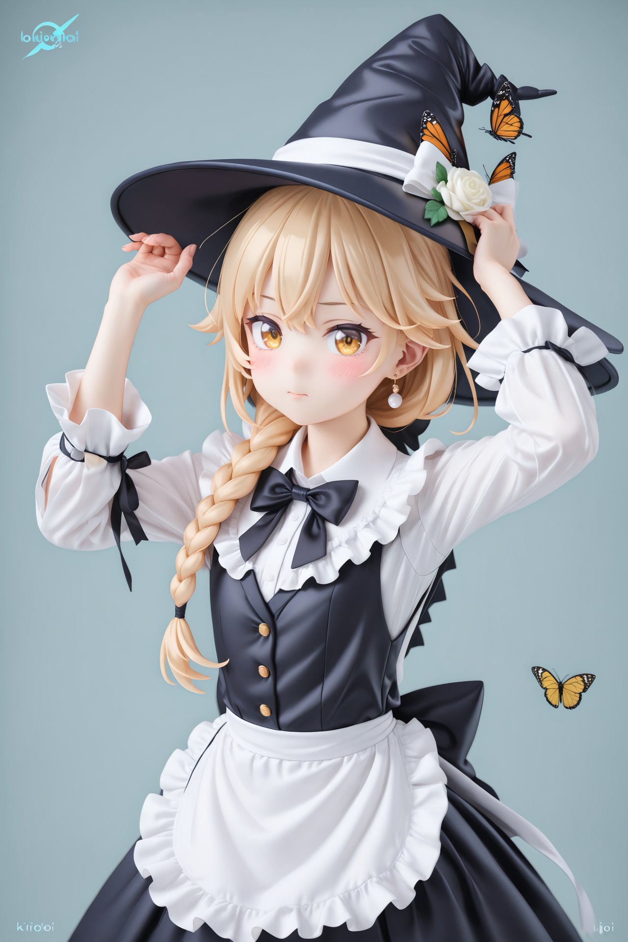 masterpiece,loli,1girl,hat,kirisame marisa,blonde hair,solo,yellow eyes,bug,witch hat,butterfly,long hair,braid,bow,flower,apron,black headwear,single braid,long sleeves,earrings,hair ornament,jewelry,white bow,hair flower,shirt,white shirt,closed mouth,hair between eyes,black bow,waist apron,white apron,hat bow,black skirt,white flower,blush,bowtie,skirt,black bowtie,looking at viewer,hair bow,rose,black vest,vest,frills,signature,buttons,hand on headwear,upper body,frilled apron,white rose,arms up,cowboy shot,yellow butterfly,arm up,hands up,artist name,side braid,ribbon