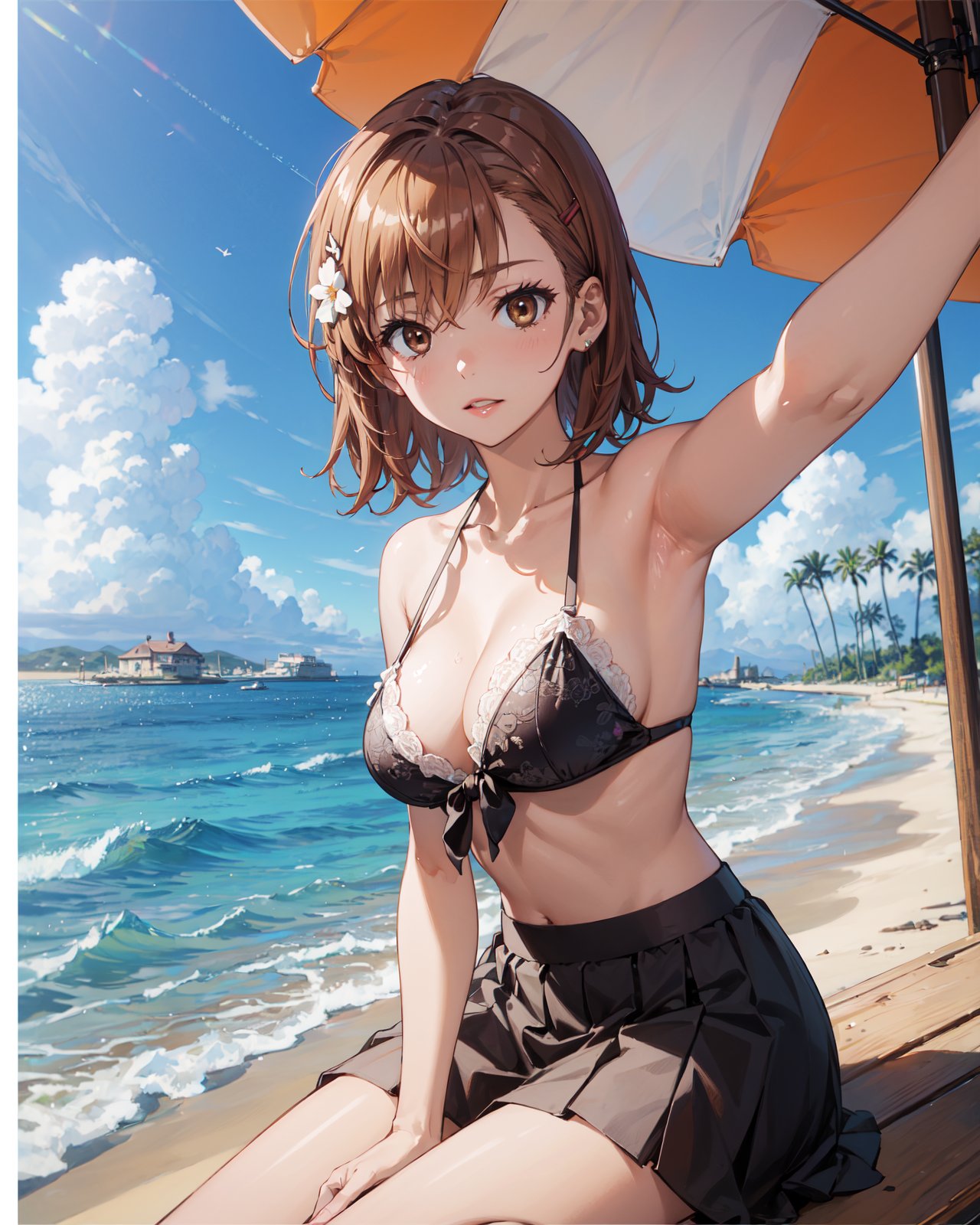 <lora:Misaka-000001:0.8>,Misaka CYQL,1girl,looking at viewer,solo,brown hair,short hair,hair ornament,hairclip,flower,hair flower,brown eyes,(Crochet_bikini:1.4),(Flowy_maxi_skirt:1.3),(Straw_beach_bag:1.2),(Beachside_resort_background:1.4),(seductive_smile:1.2),beautiful face,beautiful eyes,glossy skin,shiny skin,(upper_body,foreshortening,hugging own legs:1.2),hand on own knee,Olive trees, Tuscan villa, Rolling hills, Harvested olives, Warm sunlight, Cypress trees,beautiful detailed sky,beautiful detailed glow,(English text:1.3),(border:1.5),posing in front of a colorful and dynamic background,(masterpiece, best quality, beautiful and aesthetic:1.3),contrapposto,female focus,fine fabric emphasis,wallpaper,fashion,Lipstick,depth of field,intricate_detail,finely_detailed,fine_fabric_emphasis,(glossy),<lora:增强减少细节add_detail:0.4>,