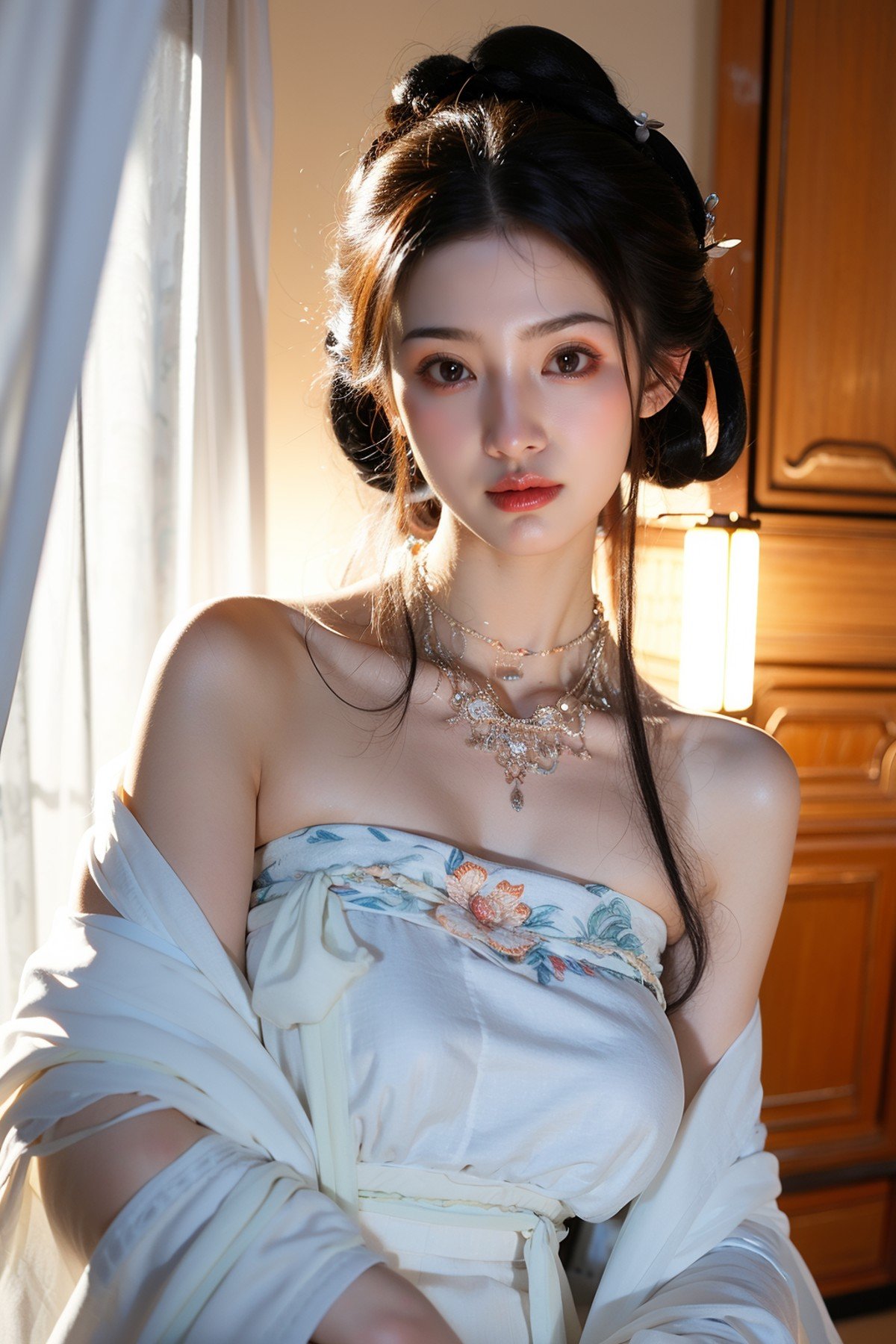 (white hanfu:1.2),(see-through:0.6),(cleavage:1.2),(upper body:1.8),1girl,solo,longhair,blackhair,indoors,necklace,jewelry,bareshoulders,curtains,standing,hairbun,singlehairbun,