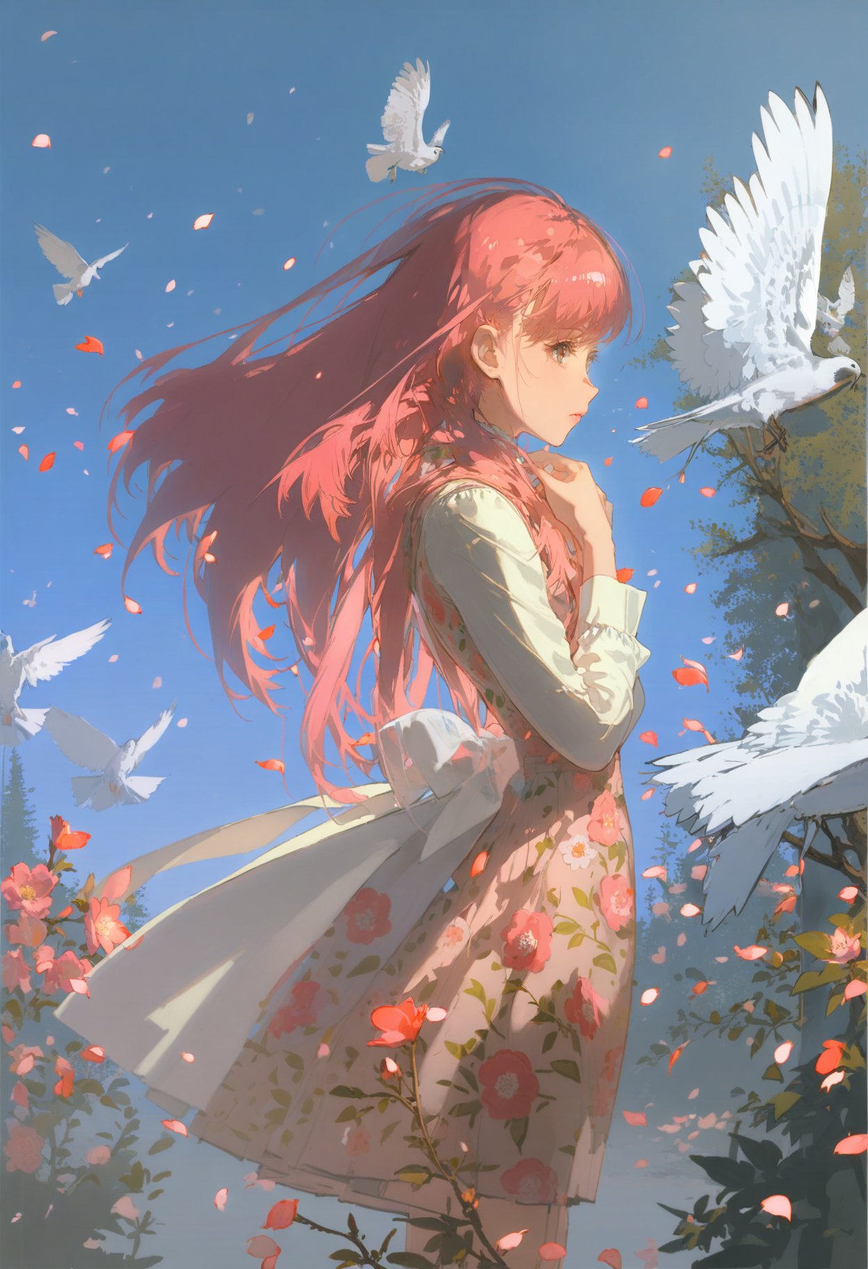 masterpiece, best quality, <lora:REDUMXLANI31lokrV53P1-000121:0.95>  1girl, bird, long hair, petals, solo, pink hair, long sleeves, dress, from side, outdoors, tree, white bird, floral print, sky, wind, profile