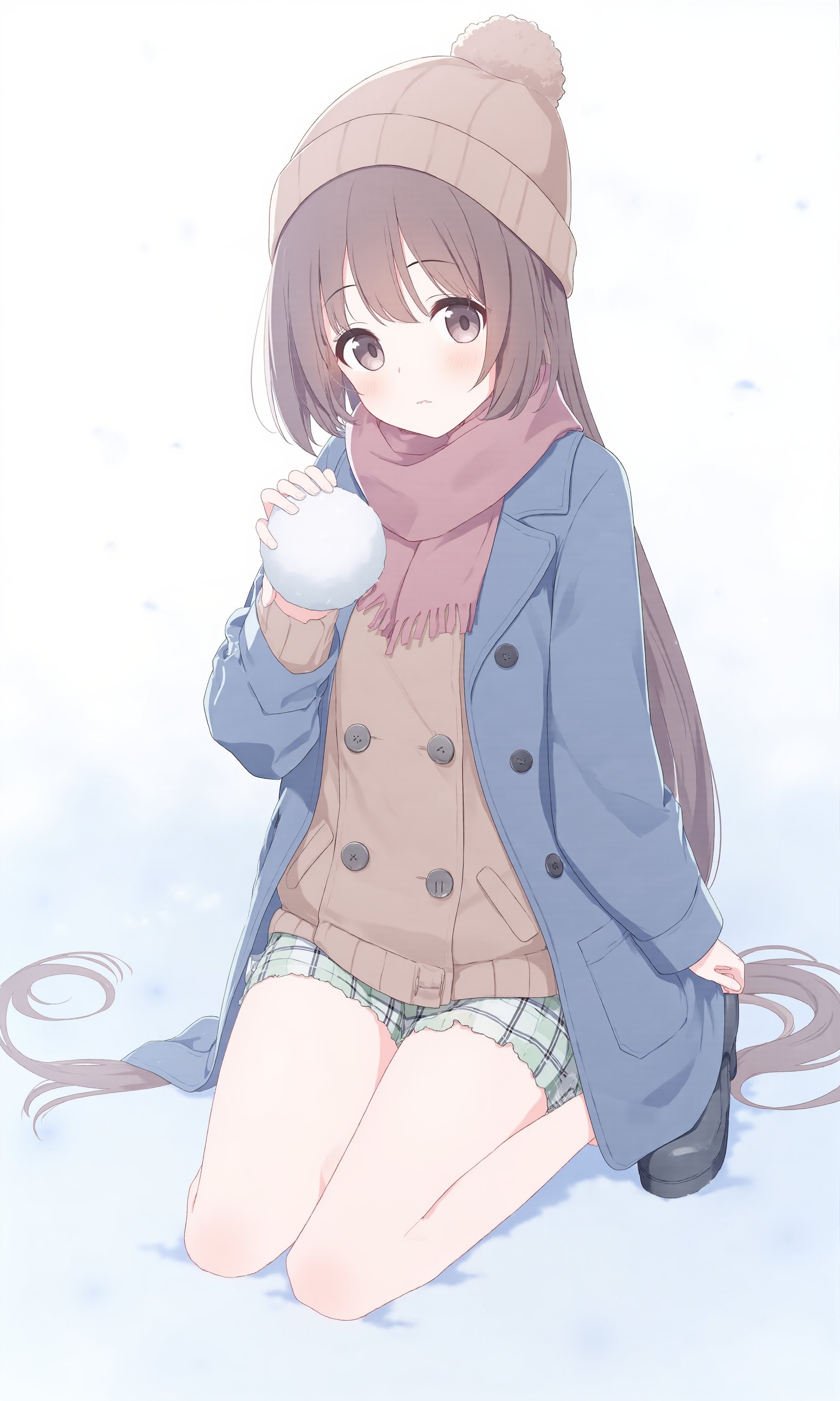 1girl,    blue coat, brown eyes, brown hat, snow, brown scarf, open mouth, buttons, pout, full body, brown sweater, :t, looking at viewer, hat, breasts, sweater, plaid shorts, white background, double-breasted, long hair, coat, pink scarf, solo, long sleeves, snowball, simple background, brown hair, sitting, white thighhighs, thighhighs, boots, green shorts, black footwear, woollen cap, blush, small breasts, scarf, holding snowball, beanie, pocket, pom pom beanie, shorts <lora:BastylrV2:1>