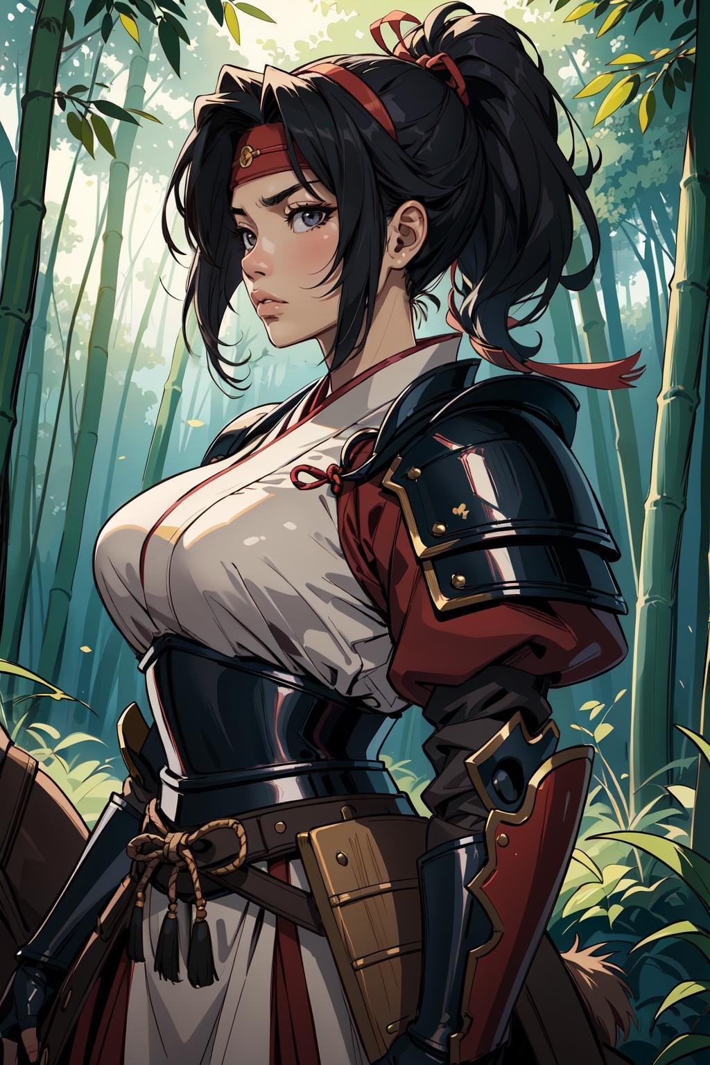 (masterpiece,best quality,absurdres,beautiful,aesthetic,detailed),fantasy,1girl,cowboy shot,samurai,wearing full armor,bamboo forest,black hair,ponytail,japanese armor,headband,Japanese woman