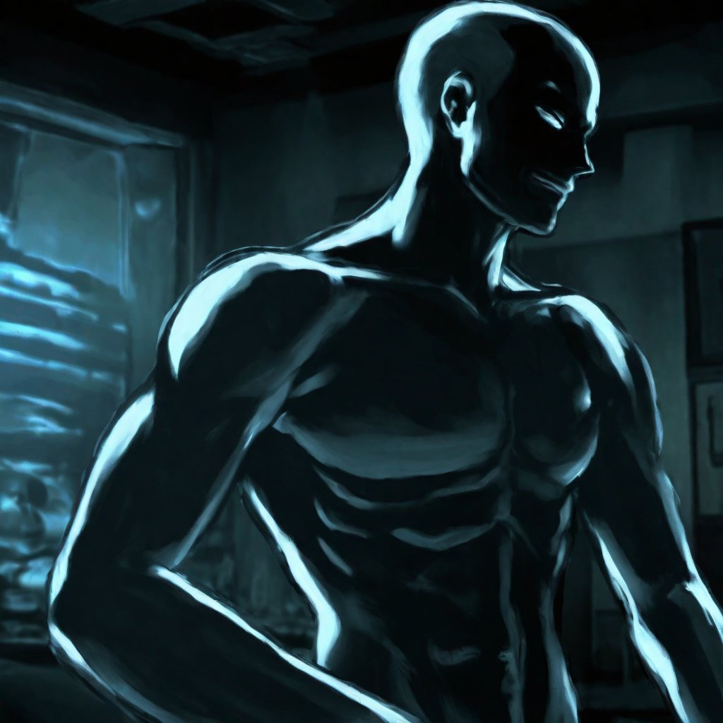 dark figure of a man [[smiling]] in a dark room at night, naked torso, danganronpa style, thick lines, <lora:danganronpa_style-V1.0:0.8>