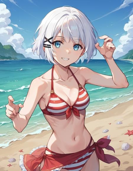 score_9, score_8_up, score_7_up, source_anime,siesta, <lora:siesta-ponyxl-lora-nochekaiser:1>,siesta, short hair, bangs, blue eyes, hair ornament, white hair, hairclip, smile,bikini, striped bikini, red bikini, navel, collarbone,outdoors, beach,looking at viewer, cowboy shot, dynamic pose,