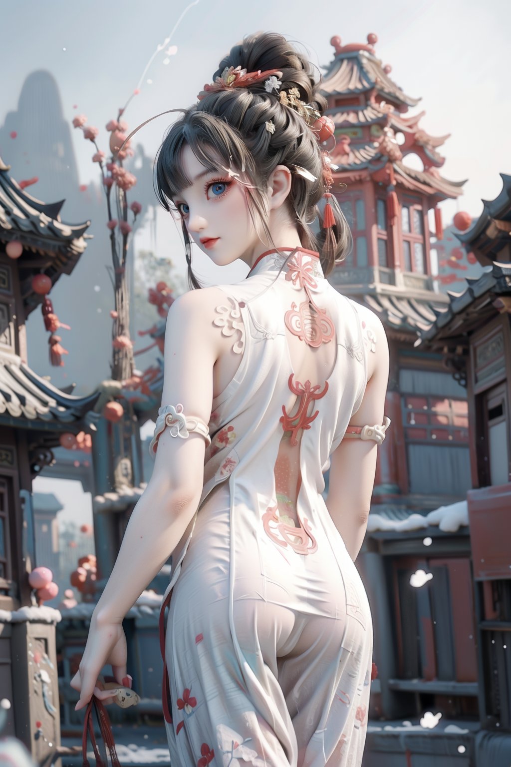 (an extremely delicate and beautiful),((masterpiece)),(((best quality))),((ultra-detailed)),((illustration)),((solo)),((((a girl)))),(beautiful detailed girl),(((cheongsam))),((((((arms_behind_back)))))),red eyes,((((beautiful detailed eyes)))),white hair,spring festival,(((chinese new year))),(((snow))),((lunar new year)),firecracker,Temple Fair,((busy street)),(detailed fireworks),finely detail,(firecracker),((the best building)),(((best shadow))),many people,(Flying snowflakes),full body,masterpiece,best quality,highly detailed,Amazing,finely detail,extremely detailed CG unity 8k wallpaper,score:>=60,beautiful detailed eyes,Fine hair texture,Cinematic Lighting,rim light,available light,light leaks,depth_of_field,blurry,1girl,solo,mature_female,*****,fair_skin,slender,glamor,curvy,oval face,black hair,long hair,makeup,brown eyes,slender_waist,MASTERPIECE,BEST QUALITY,