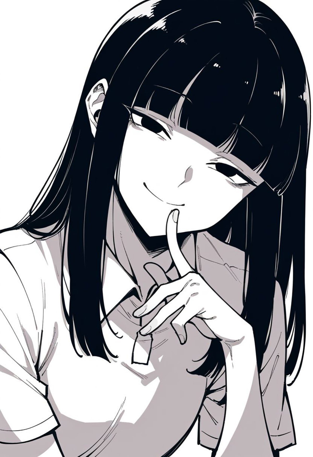 score_9, ink, black and white, 1girl, from side, looking at viewer, finger to mouth, smile, closed mouth, half-closed eyes, collared shirt, t-shirt, short sleeves, blunt bangs, medium hair, long hair, black eyes, black hair, white skin, white body, white shirt, line art, head tilt, leaning forward