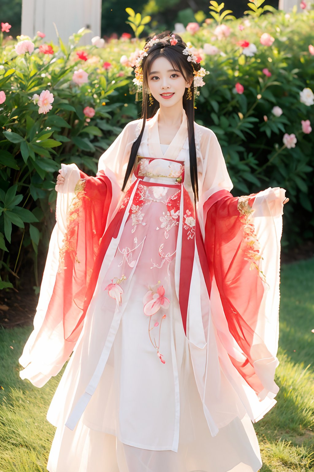 1girl,looking_at_viewer,(bust:1.2),(standing:1),(light red and white see-through hanfu:1.1),smile,flower field,