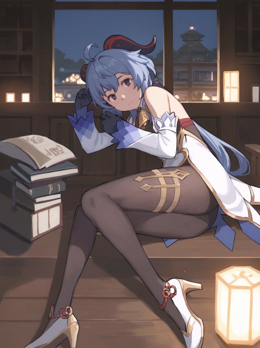 score_9_up,score_8_up,score_7_up, <lora:comiclo-xl-pony:0.7>,1girl, ganyu (genshin impact), blue hair, solo, book stack, horns, book, night, long hair, breasts, detached sleeves, lying, architecture, gloves, purple eyes, tree, ahoge, bell, black gloves, on side, east asian architecture, scenery, medium breasts, bare shoulders, thighlet, bodystocking, building, bangs, looking at viewer, sky, goat horns, night sky, lantern, pantyhose, high heels, gold trim, full body, white sleeves, flower knot, chinese knot, black pantyhose, bookshelf, tassel, indoors, neck bell, white footwear, outdoors, sitting, low ponytail, sidelocks, window, flower, vision (genshin impact), city, closed mouth, thighs, sleeping