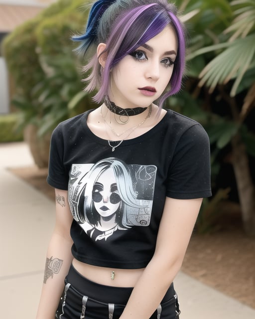 solo,random girl,random makeup,random top,random skirt or pants,random hair color,random breast size,random style either emo punk or goth styles,very form fitting clothing,open clothes, perfect features, perfect limbs