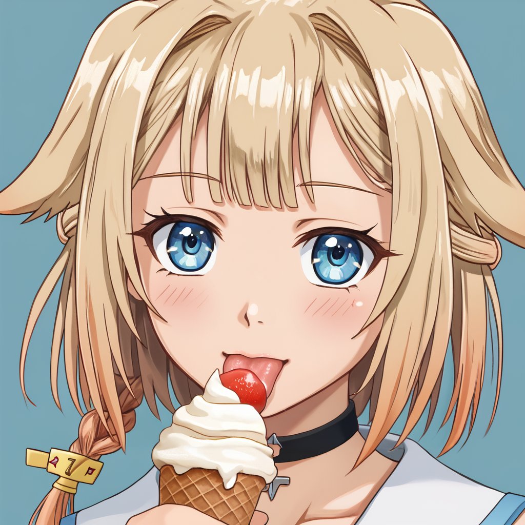 portrait, lick an ice cream <lora:ONE_CeVIO:1> ONE_CeVIO,blue eyes,blonde hair,single braid,hair flaps,emblem choker,